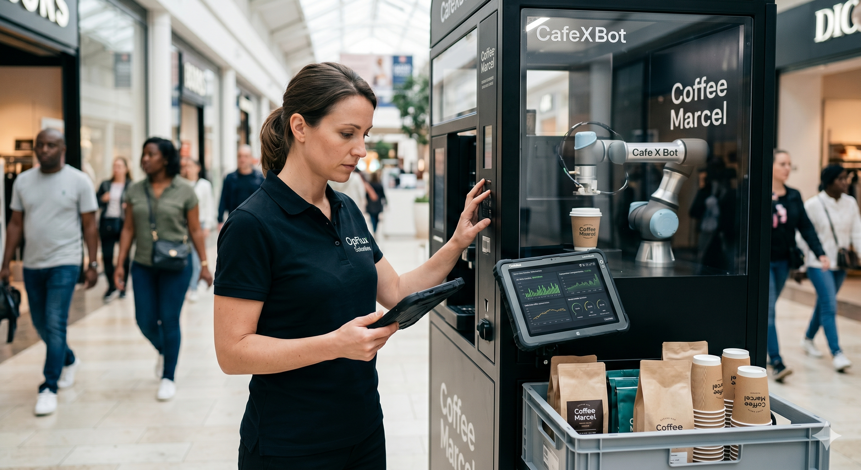Engineer analyzing data in front of automated robotic systems